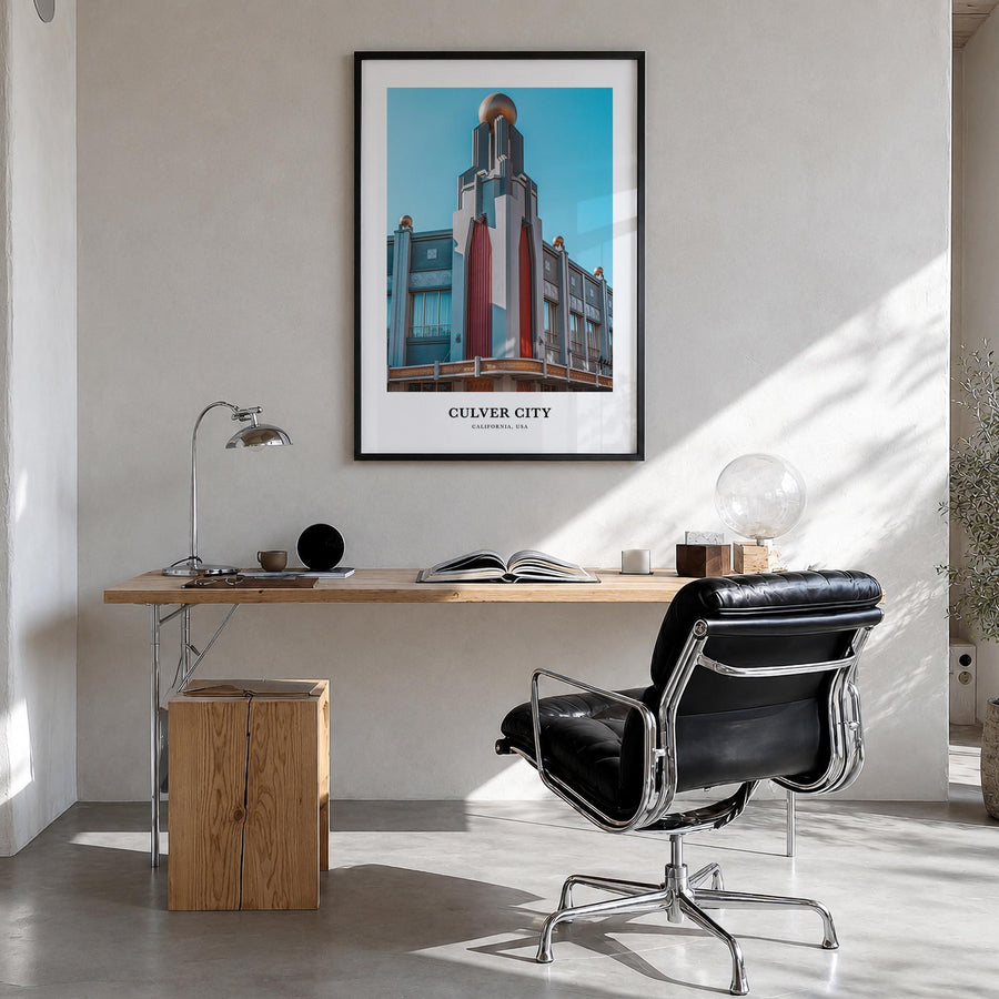 Culver City colorful classic poster of California, USA – vertical wall art in black wood frame, hanging on wall