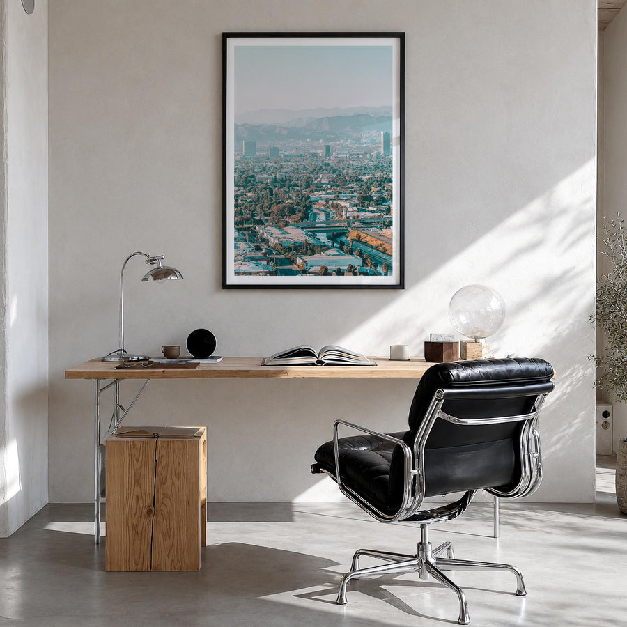 Culver City colorful photo poster of California, USA – vertical wall art in black wood frame with white border, hanging on wa