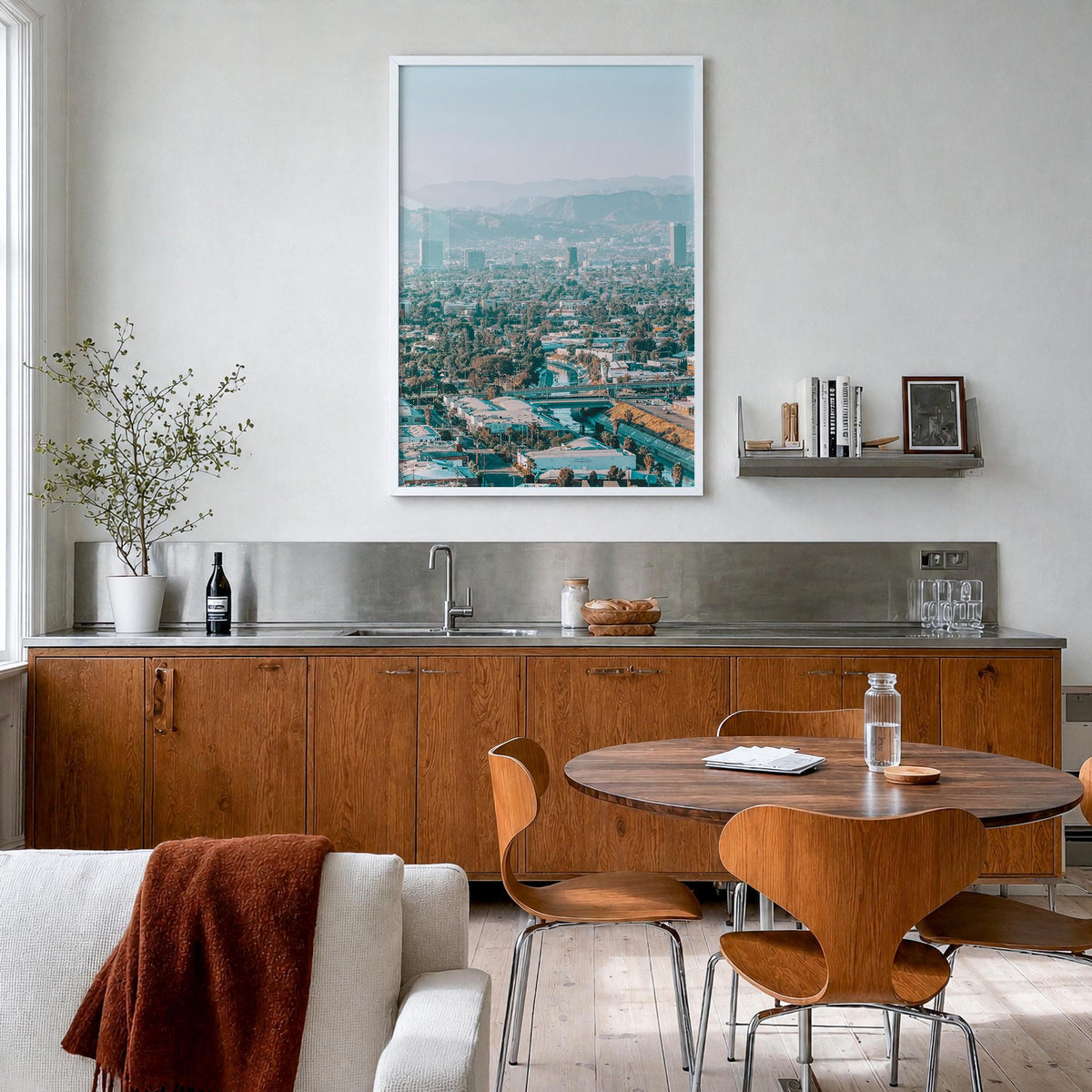 Culver City colorful photo poster of California, USA – vertical wall art in white wood frame, hanging on wall