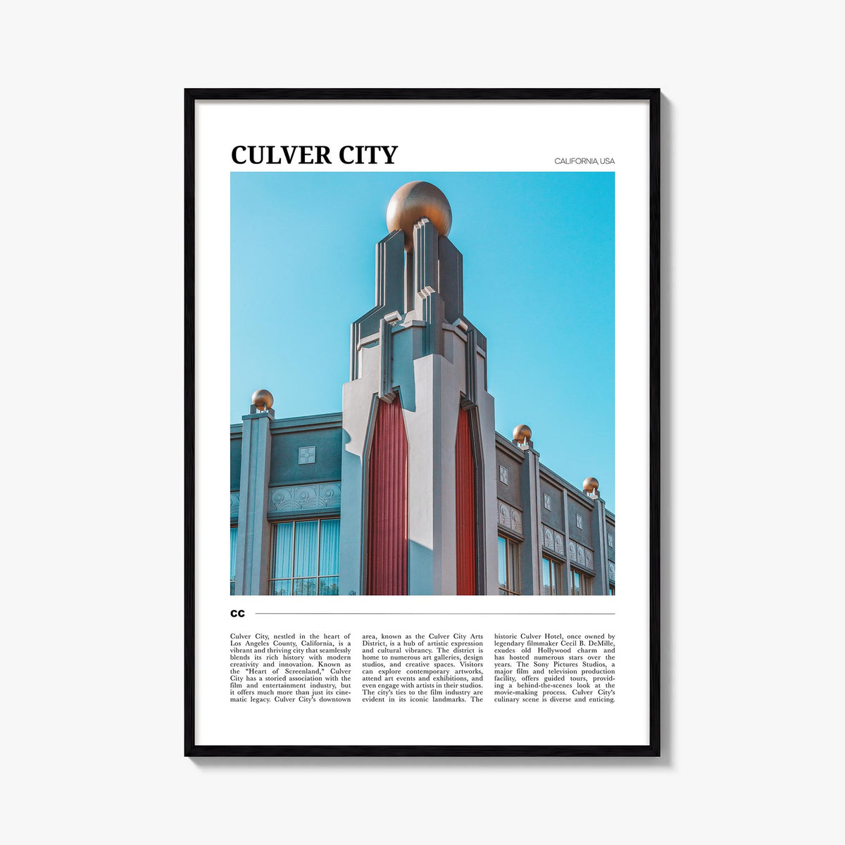 Culver City colorful travel poster of California, USA – vertical wall art, unframed print shown in interior mockup