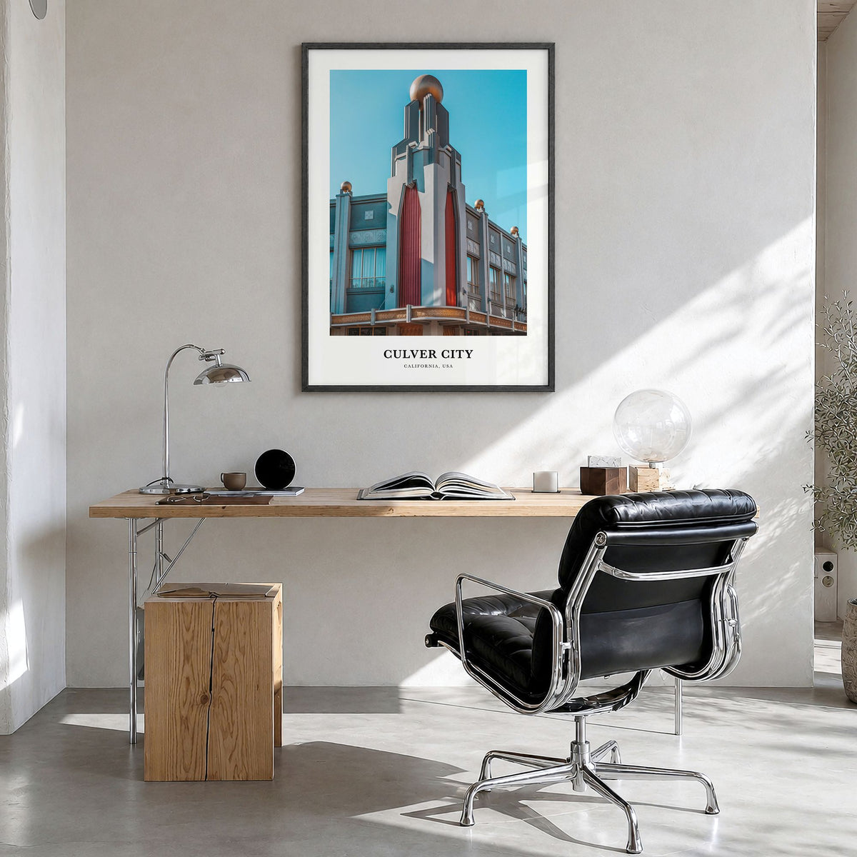 Culver City Classic Poster in a black wood frame, hanging in a bright home office