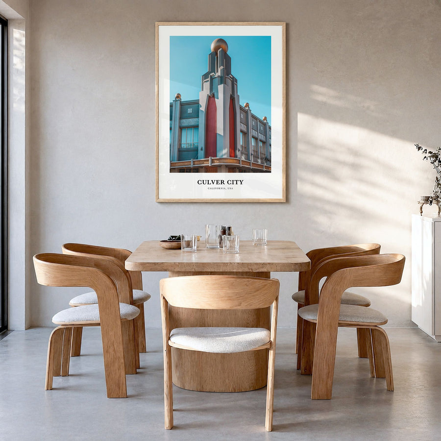 Culver City Classic Poster in a natural wood frame, hanging in a dining room