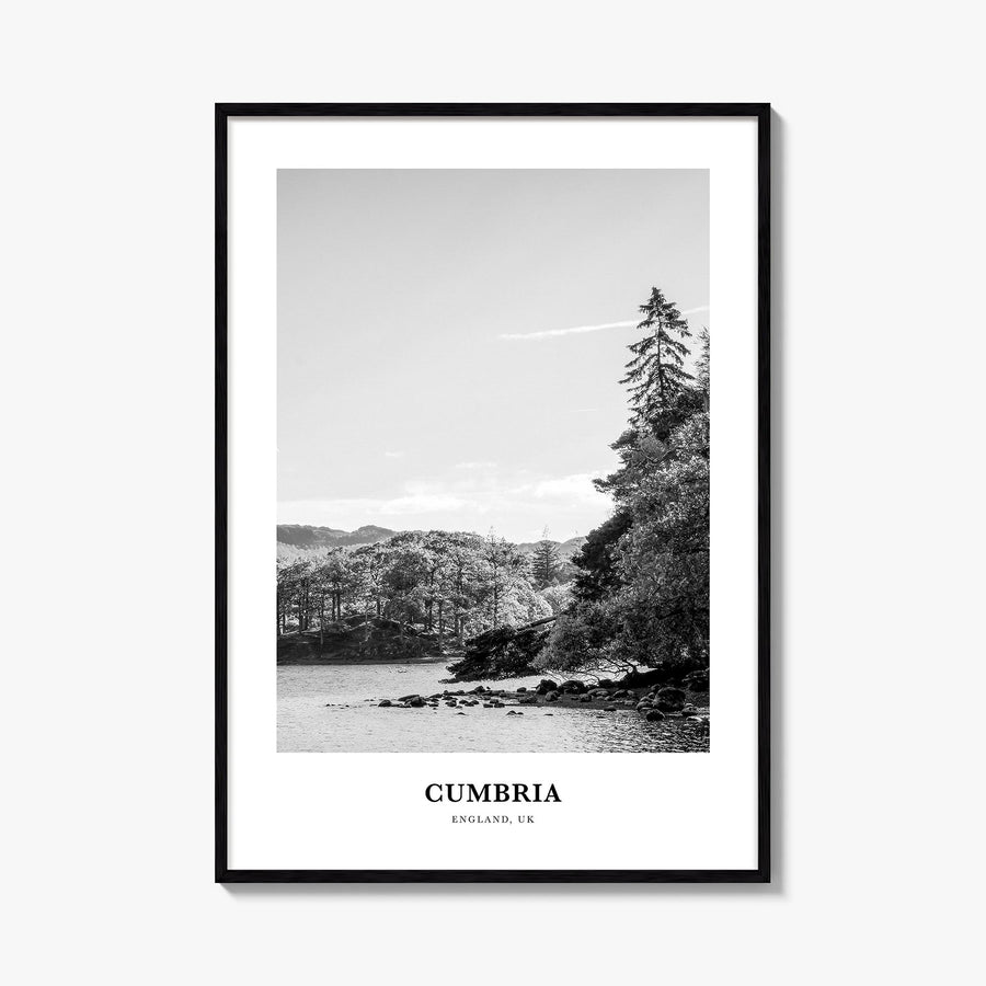 Cumbria black & white classic poster of United Kingdom – vertical wall art, unframed print shown in interior mockup