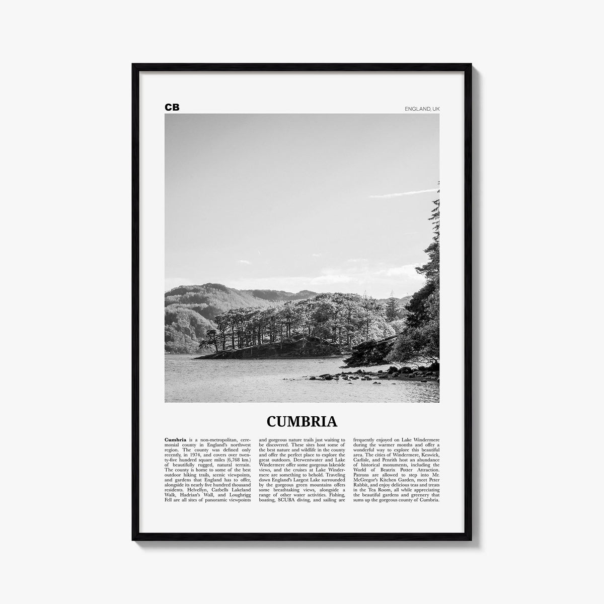 Cumbria black & white newspaper poster of United Kingdom – vertical wall art, unframed print shown in interior mockup