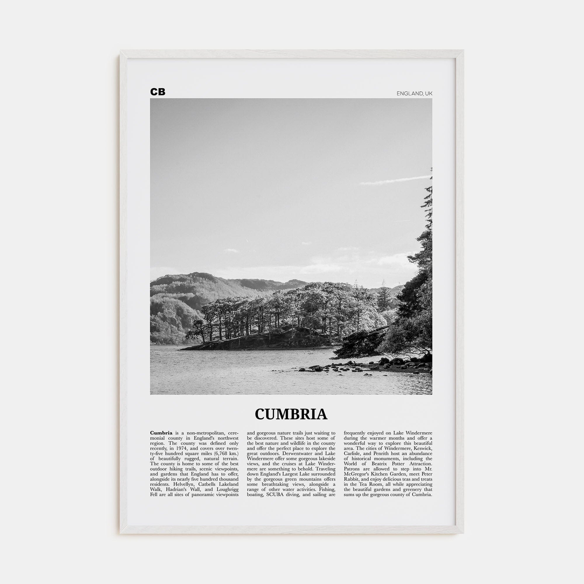 Cumbria Poster White Wood / 8x12 in Nbourhood Travel B&W Poster