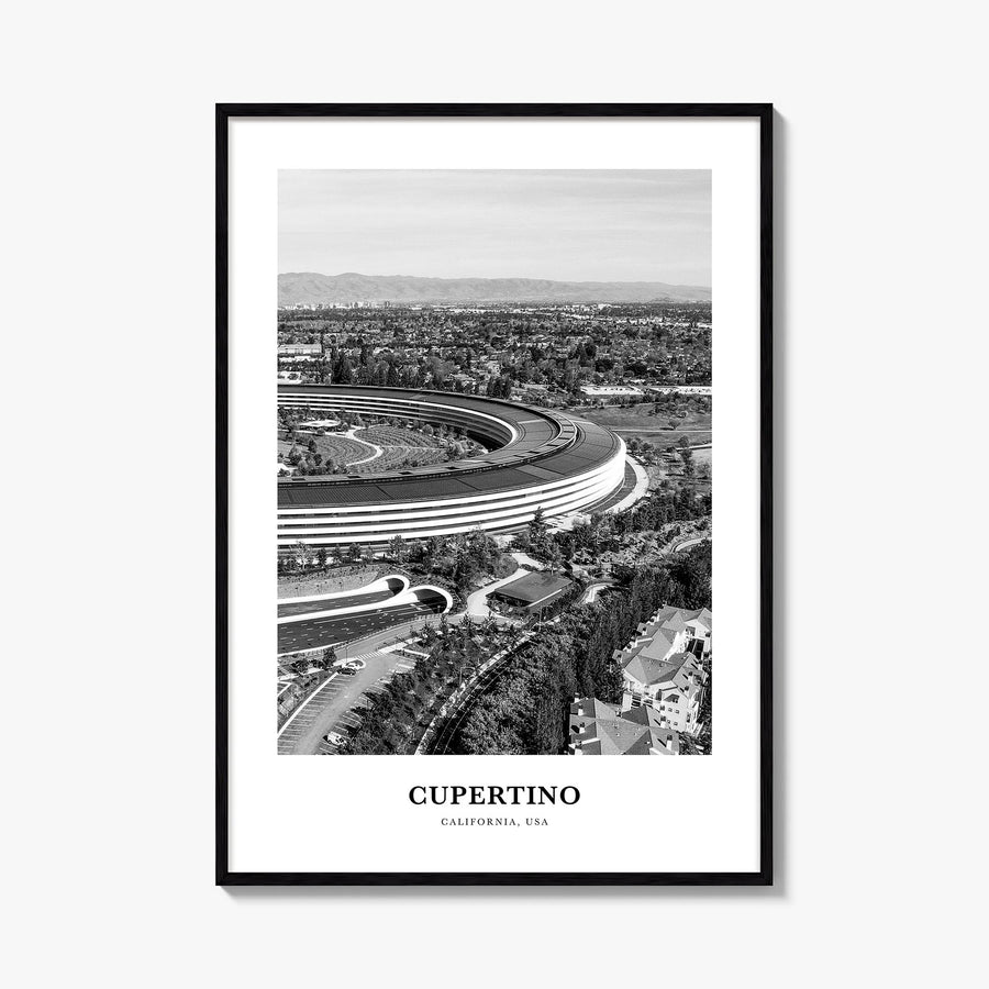 Cupertino black & white classic poster of California, USA – vertical wall art, unframed print shown in interior mockup