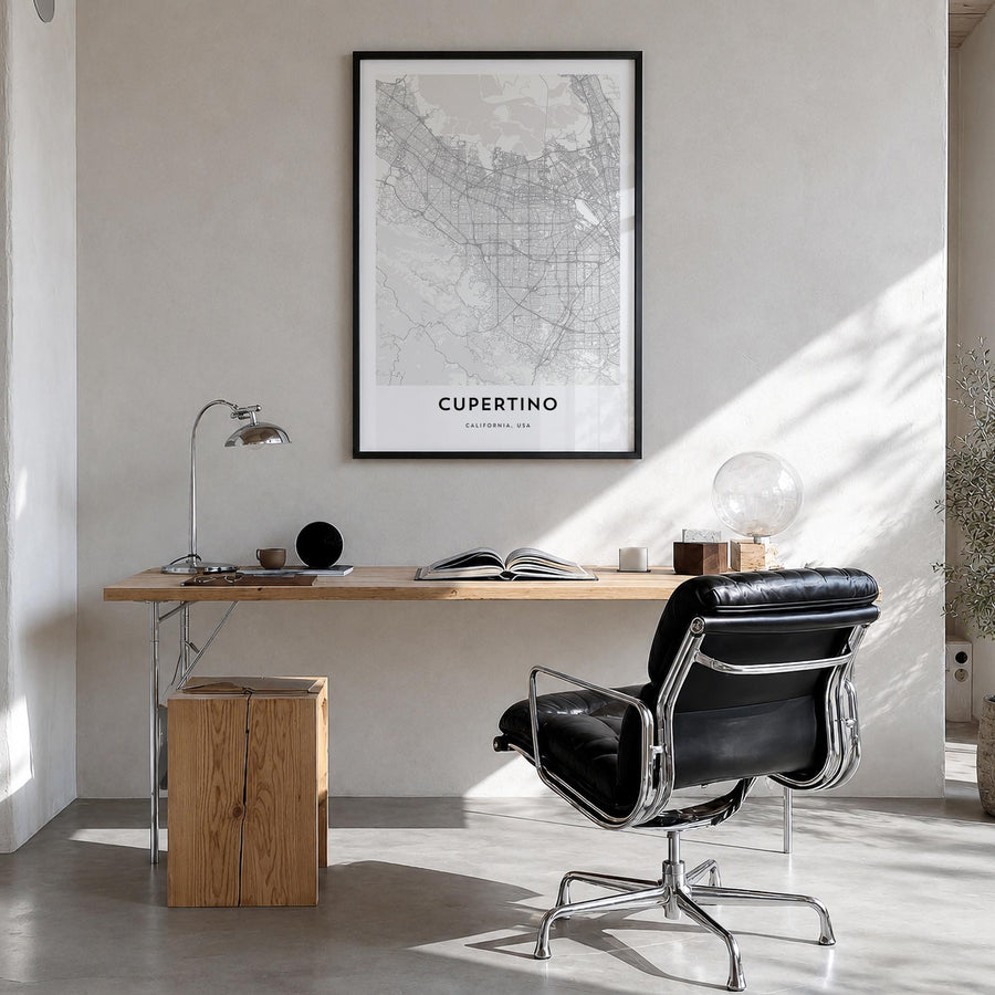 Cupertino black & white map poster of California, USA – vertical wall art in black wood frame, hanging on wall