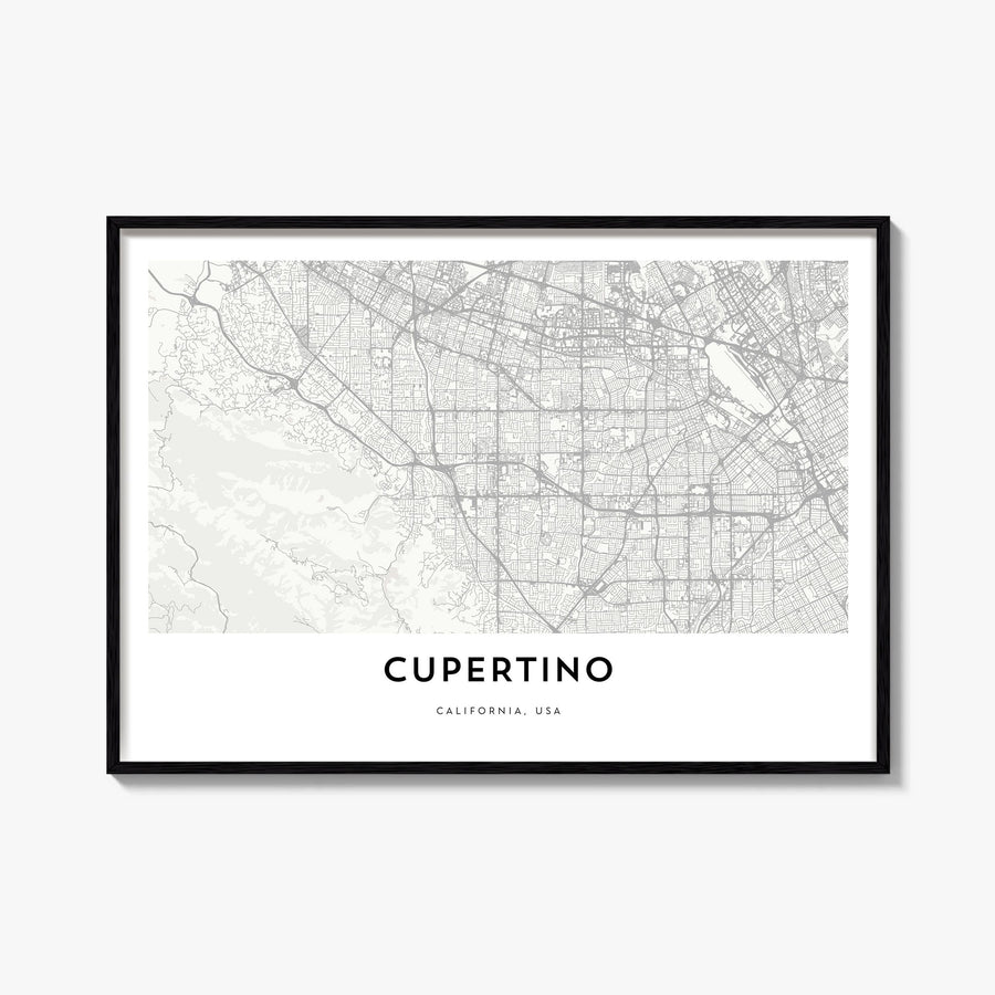 Cupertino black & white map poster of California, USA – horizontal wall art, unframed print shown in interior mockup