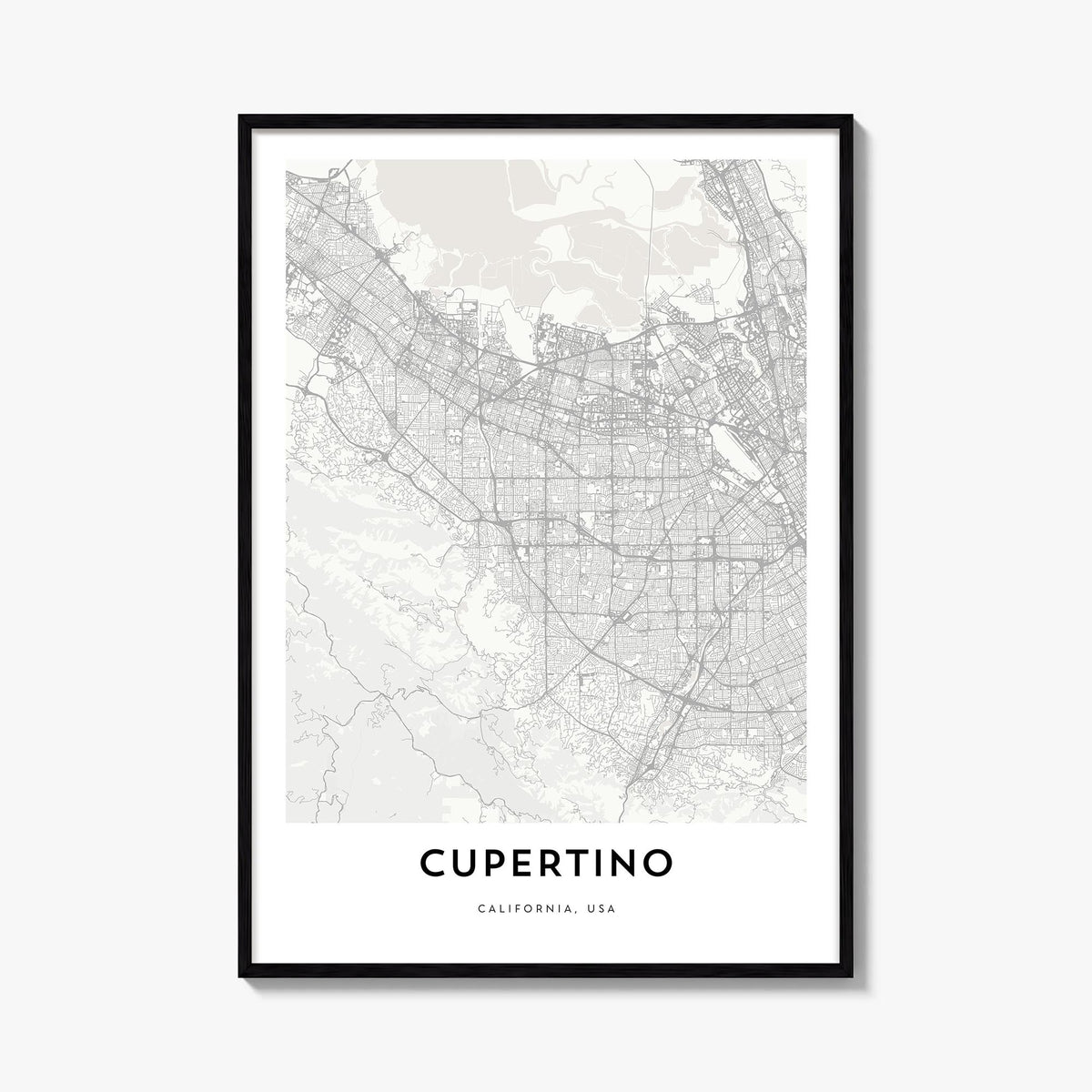 Cupertino black & white map poster of California, USA – vertical wall art, unframed print shown in interior mockup