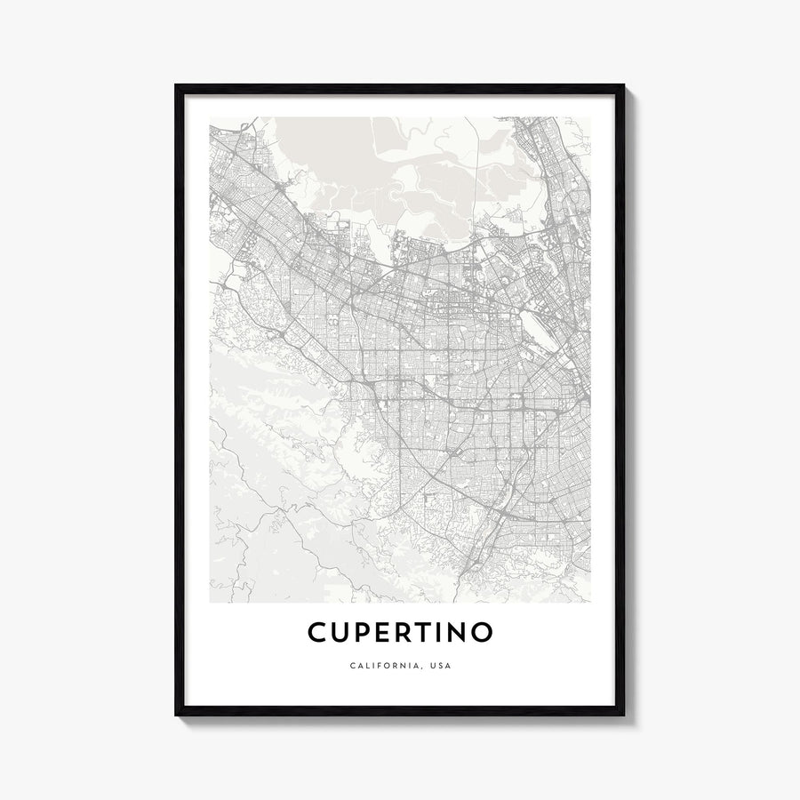 Cupertino black & white map poster of California, USA – vertical wall art, unframed print shown in interior mockup