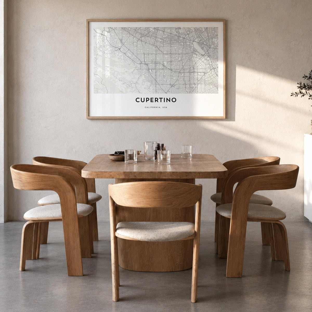 Cupertino black & white map poster of California, USA – horizontal wall art in natural wood frame, hanging on wall