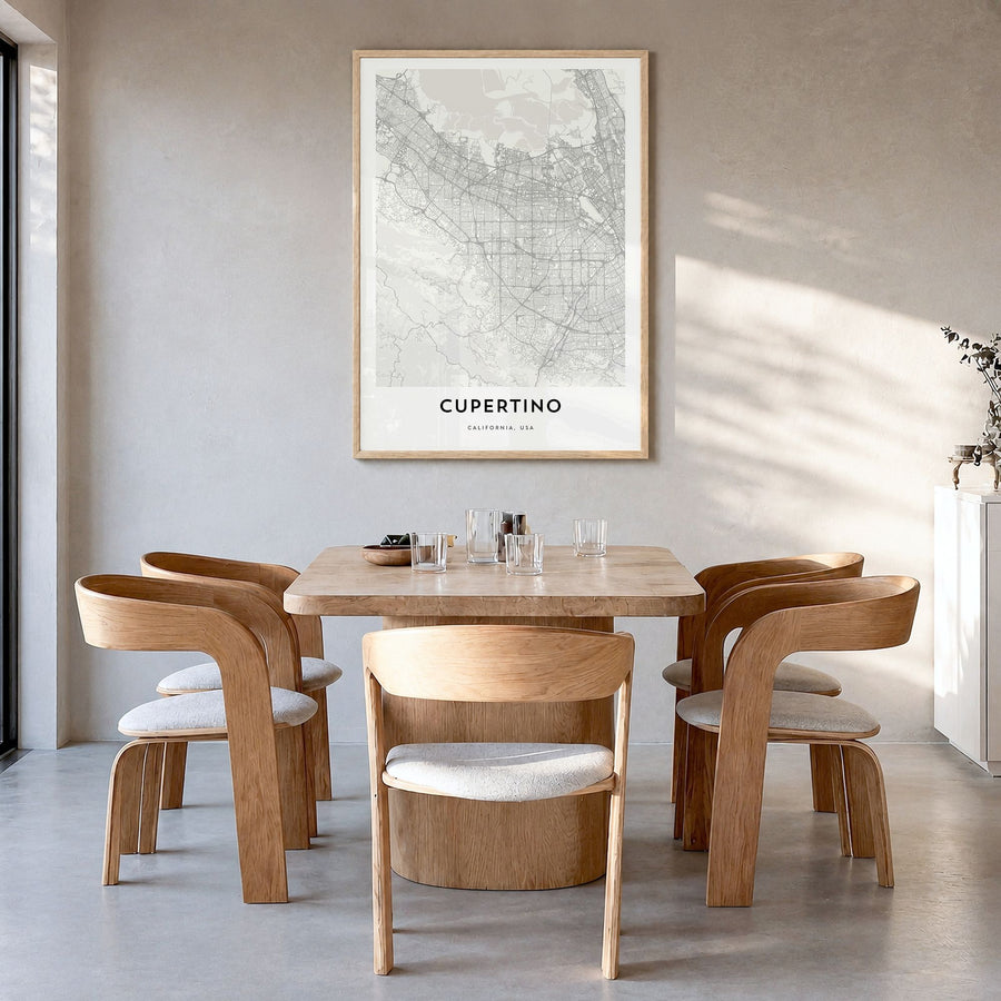 Cupertino Map Poster in a natural wood frame, hanging in a dining room