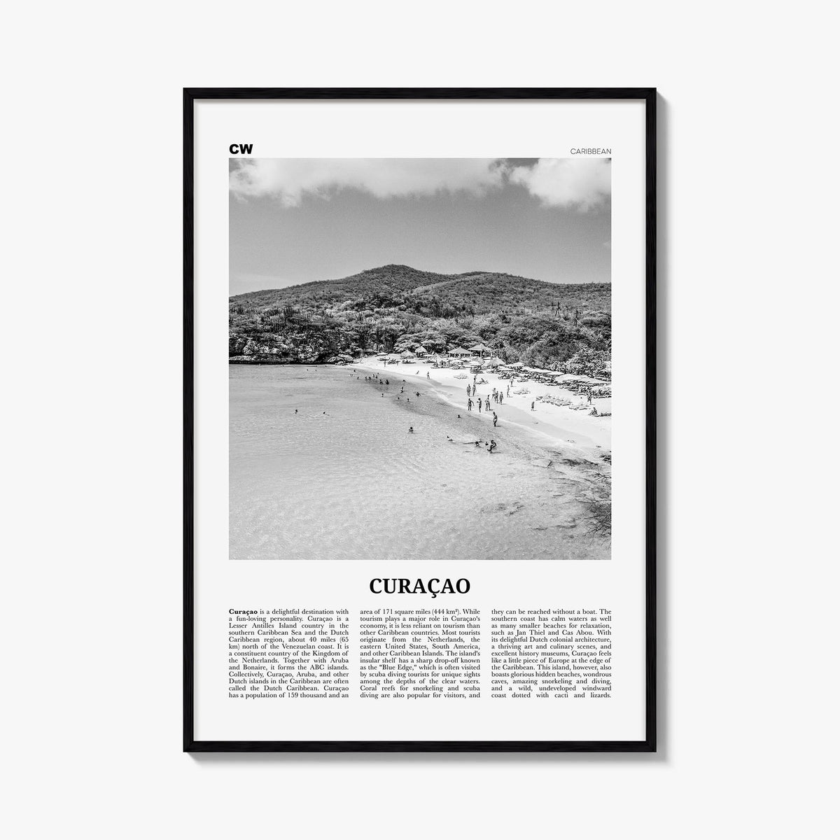 Curaçao black & white newspaper poster of Caribbean – vertical wall art, unframed print shown in interior mockup