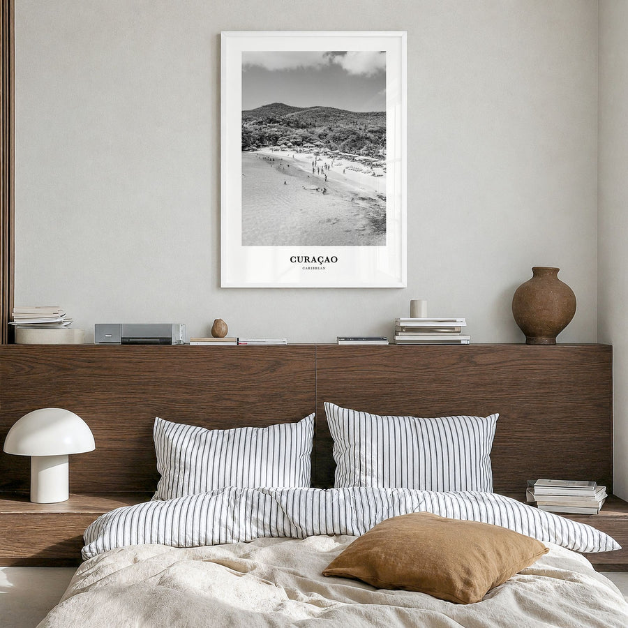 Curaçao Classic Poster in a white wood frame, hanging in a bedroom