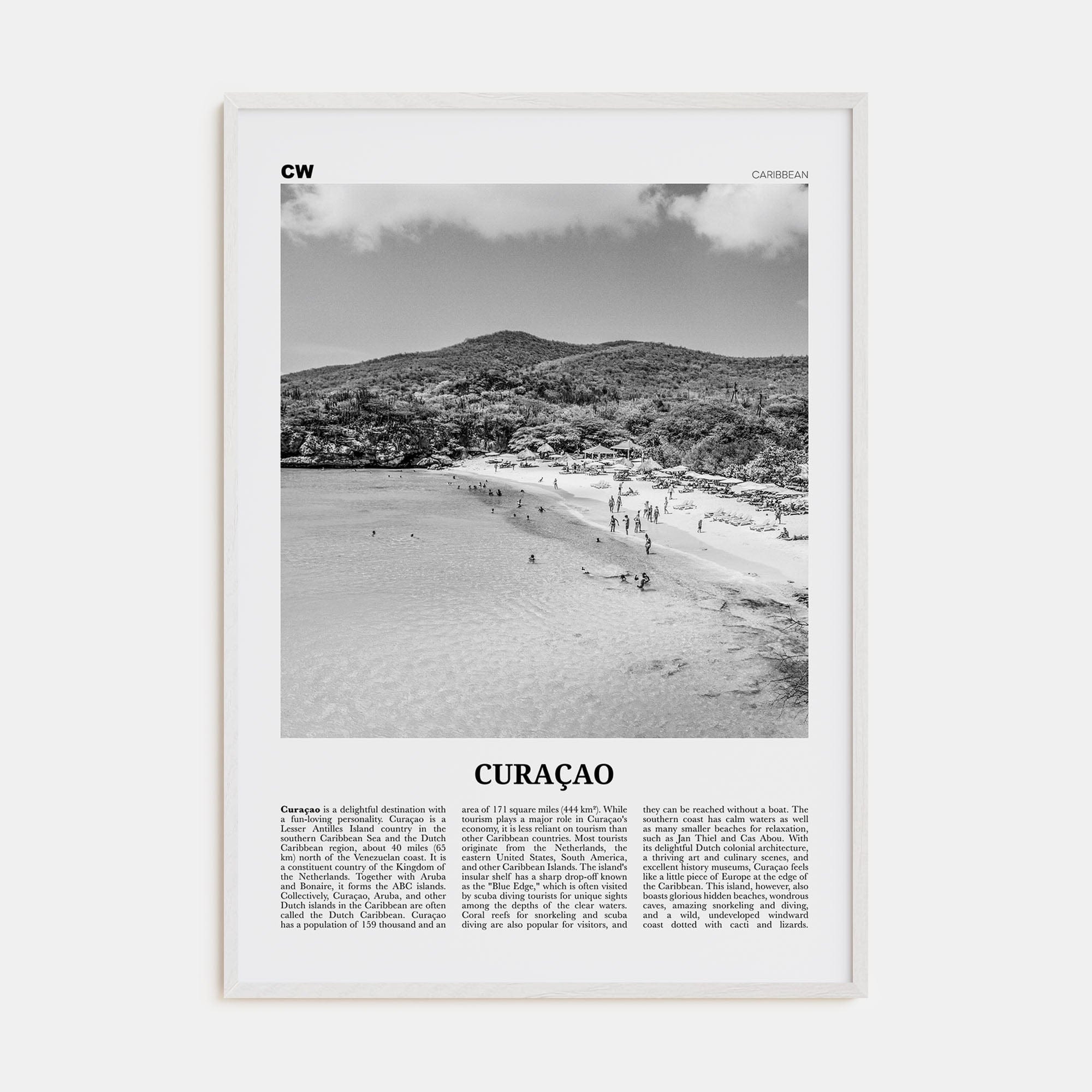 Curaçao Poster White Wood / 8x12 in Nbourhood Travel B&W Poster