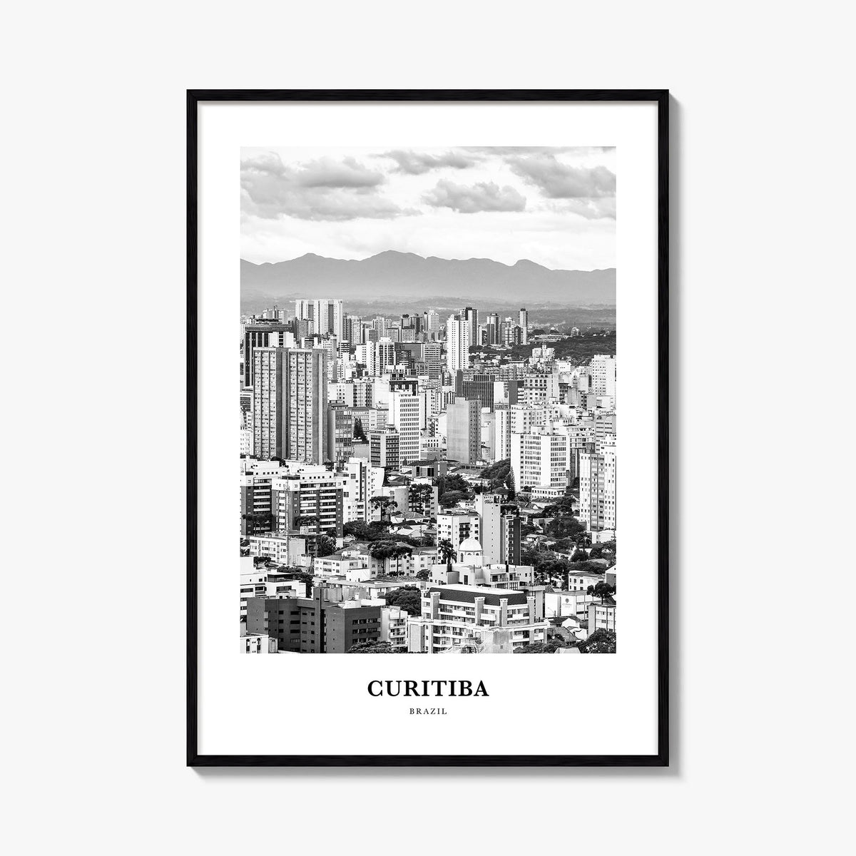Curitiba black & white classic poster of Brazil – vertical wall art, unframed print shown in interior mockup