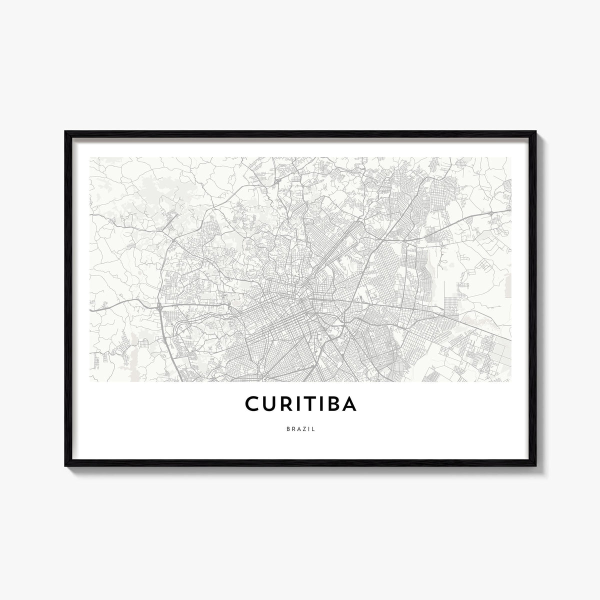 Curitiba black & white map poster of Brazil – horizontal wall art, unframed print shown in interior mockup