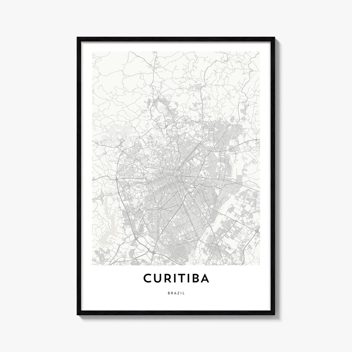 Curitiba black & white map poster of Brazil – vertical wall art, unframed print shown in interior mockup