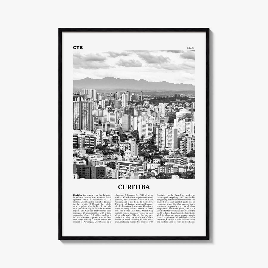 Curitiba black & white newspaper poster of Brazil – vertical wall art, unframed print shown in interior mockup
