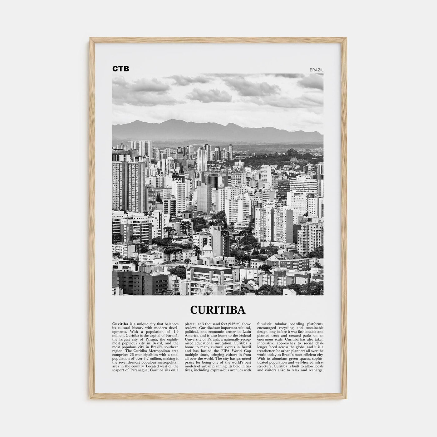 Curitiba Poster Natural Wood / 8x12 in Nbourhood Travel B&W Poster