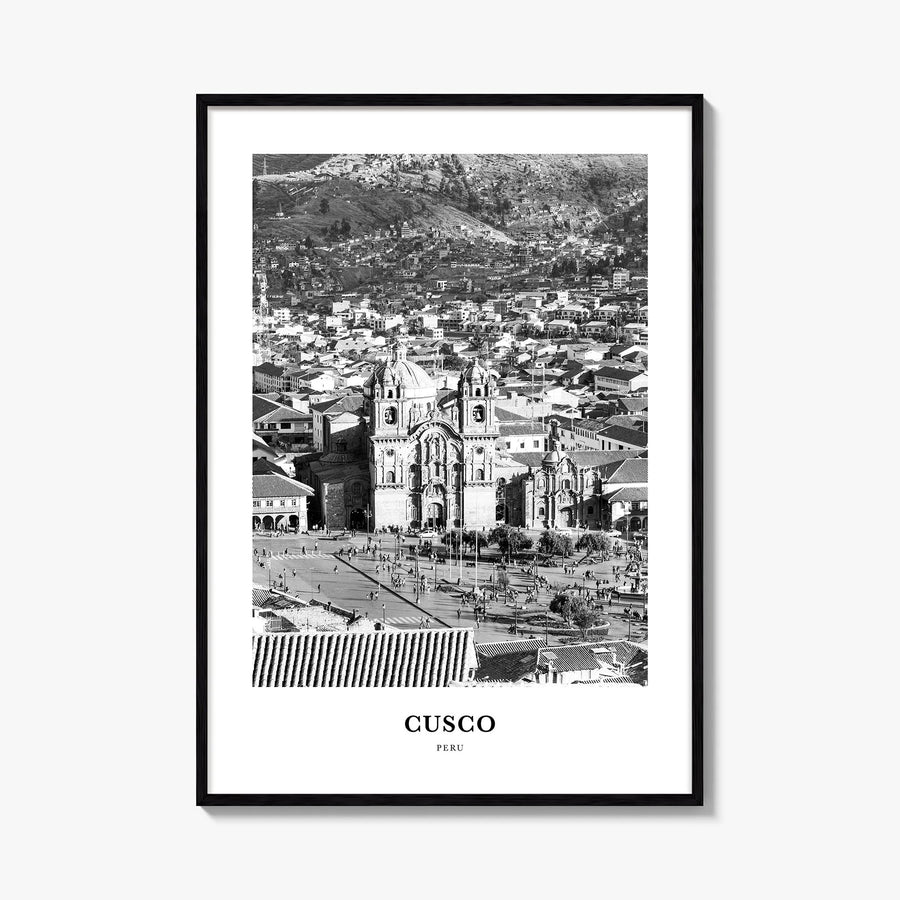 Cusco black & white classic poster of Peru – vertical wall art, unframed print shown in interior mockup