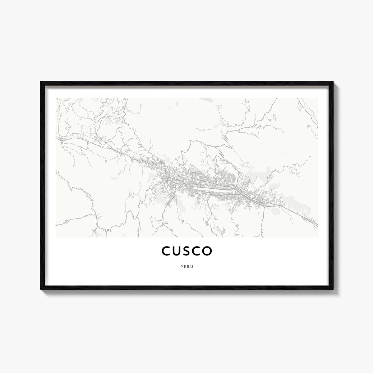Cusco black & white map poster of Peru – horizontal wall art, unframed print shown in interior mockup