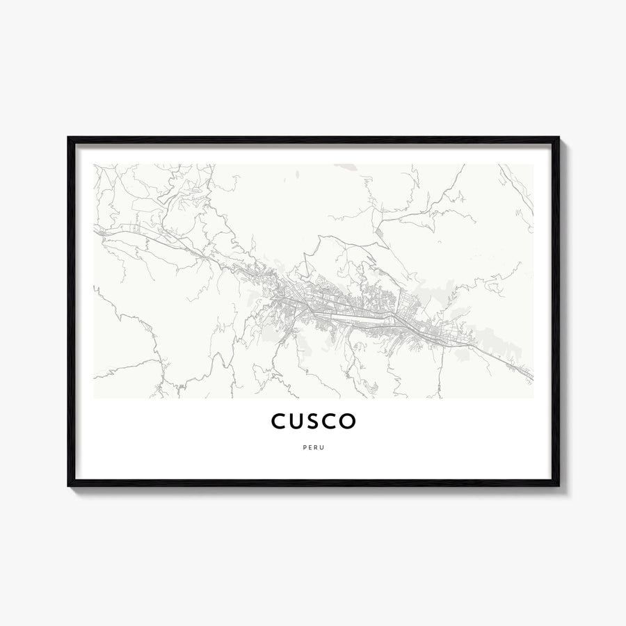 Cusco black & white map poster of Peru – horizontal wall art, unframed print shown in interior mockup