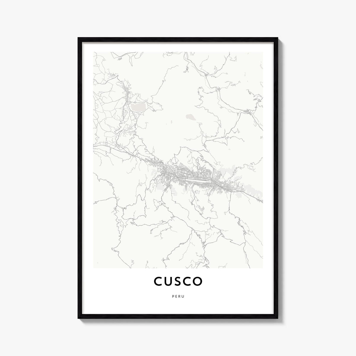 Cusco black & white map poster of Peru – vertical wall art, unframed print shown in interior mockup