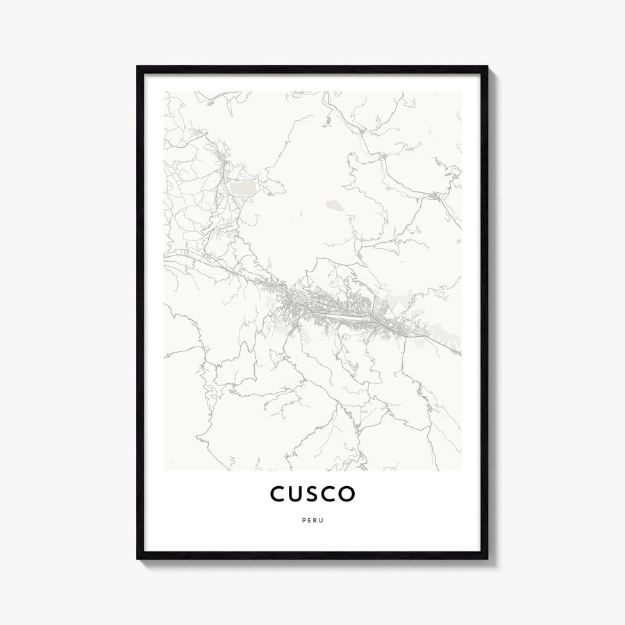 Cusco black & white map poster of Peru – vertical wall art, unframed print shown in interior mockup
