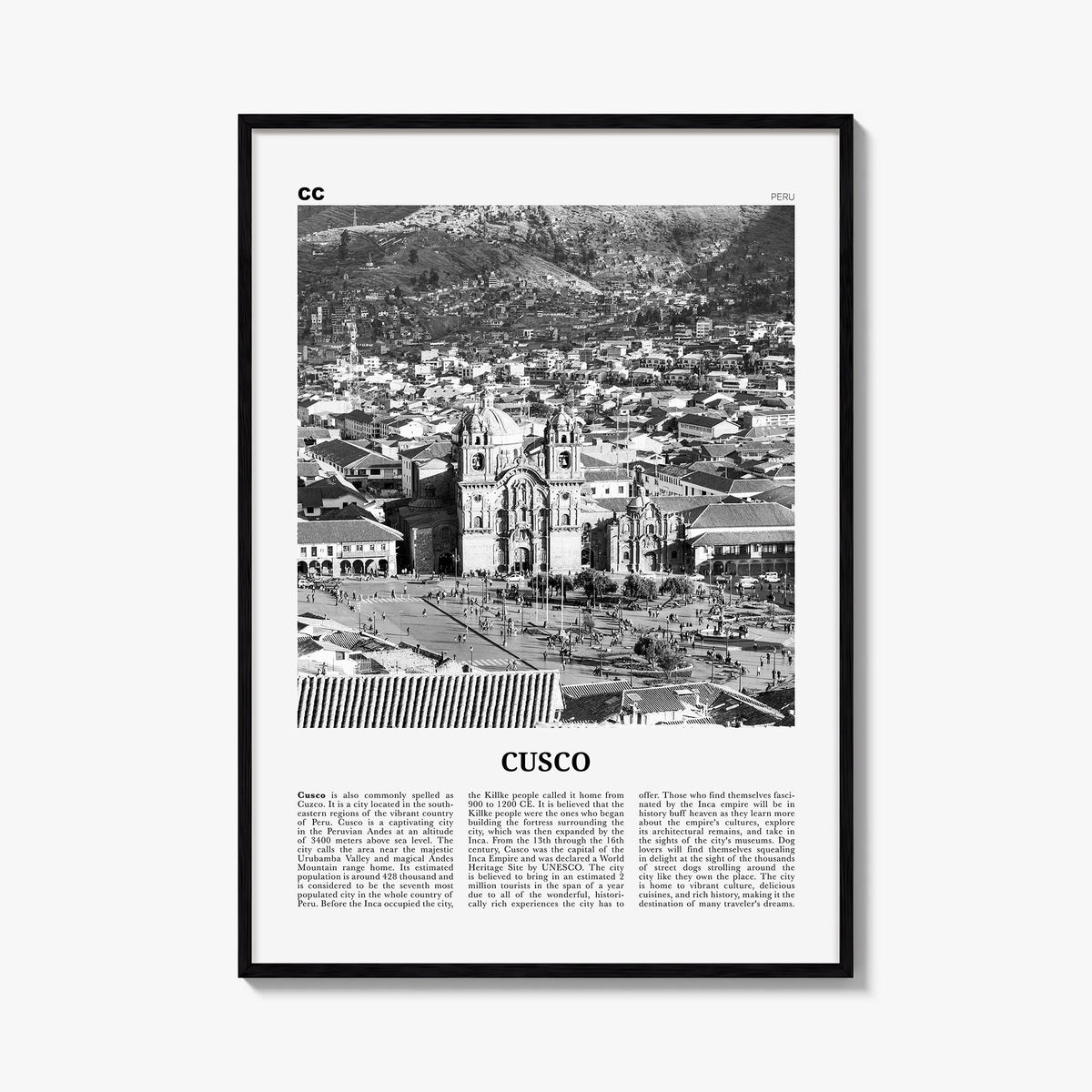Cusco black & white newspaper poster of Peru – vertical wall art, unframed print shown in interior mockup
