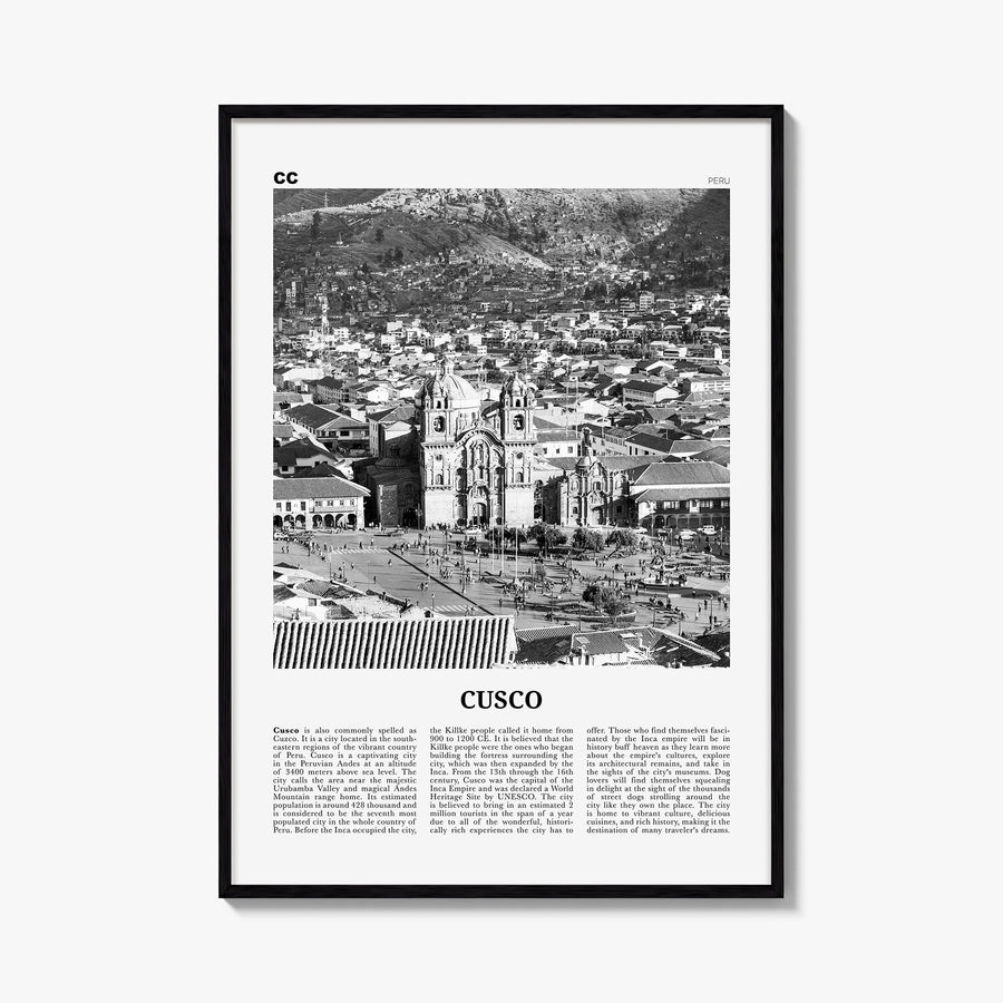 Cusco black & white newspaper poster of Peru – vertical wall art, unframed print shown in interior mockup
