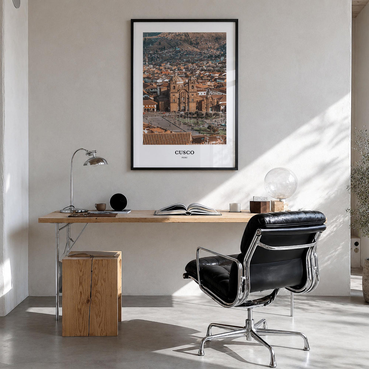 Cusco colorful classic poster of Peru – vertical wall art in black wood frame, hanging on wall