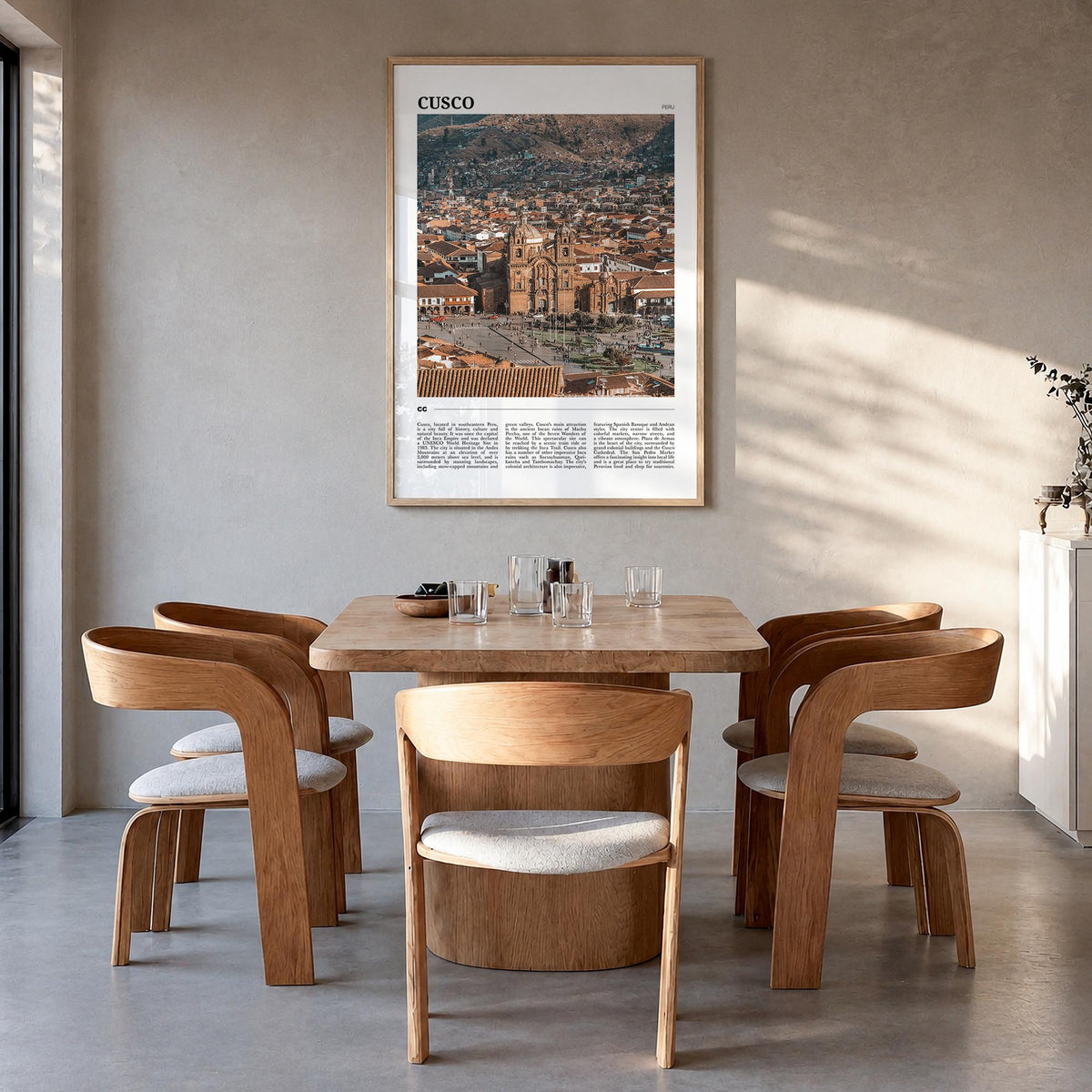Cusco colorful travel poster of Peru – vertical wall art in natural wood frame, hanging on wall