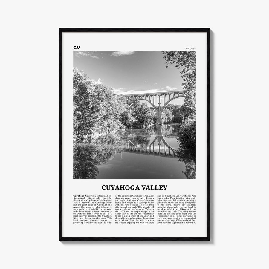 Cuyahoga Valley black & white newspaper poster of Ohio, USA – vertical wall art, unframed print shown in interior mockup