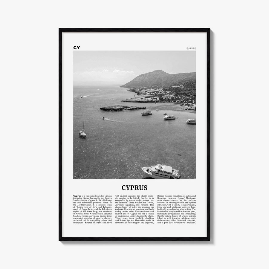 Cyprus black & white newspaper poster of Europe – vertical wall art, unframed print shown in interior mockup