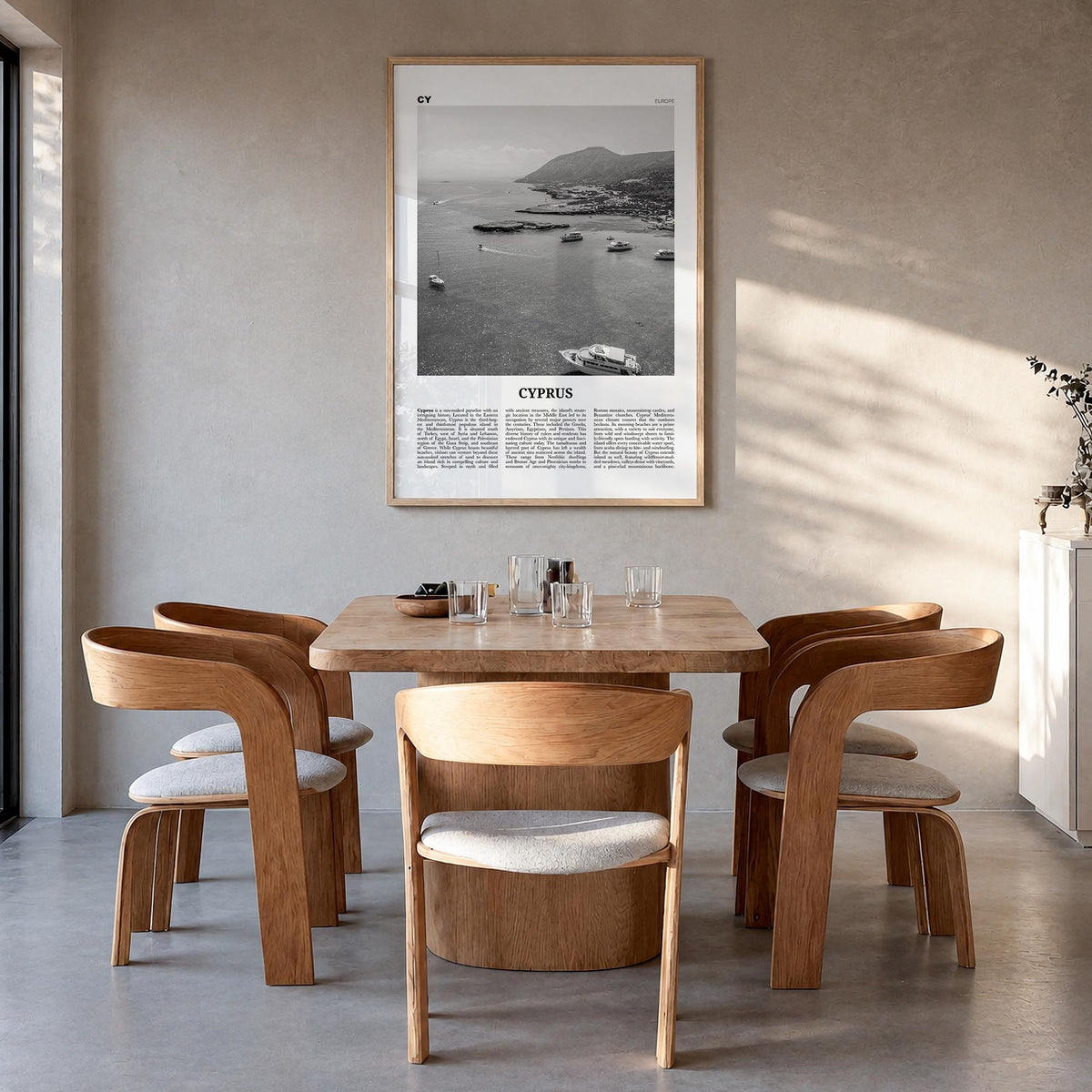 Cyprus black & white newspaper poster of Europe – vertical wall art in natural wood frame, hanging on wall