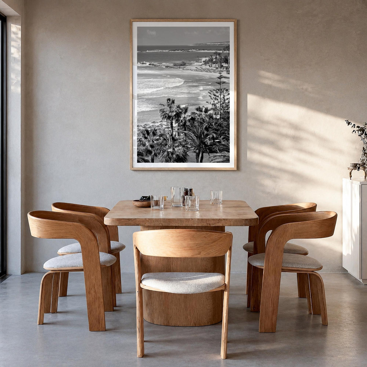 Cyprus black & white photo poster of Europe – vertical wall art in natural wood frame with white border, hanging on wall