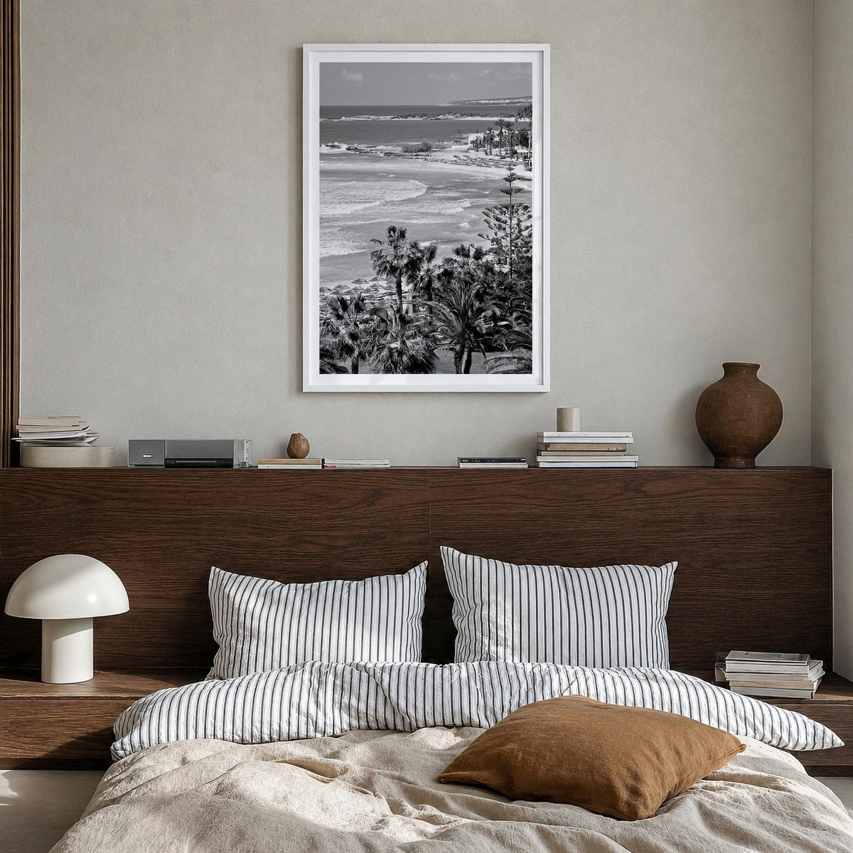 Cyprus black & white photo poster of Europe – vertical wall art in white wood frame with white border, hanging on wall
