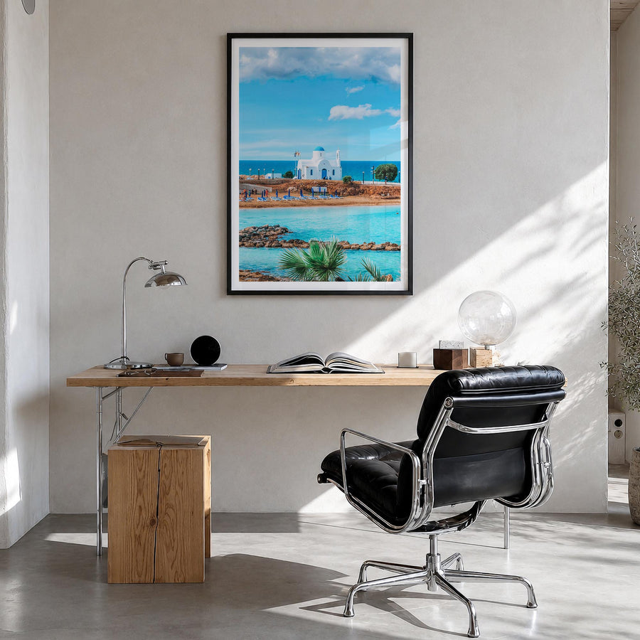 Cyprus colorful photo poster of Europe – vertical wall art in black wood frame with white border, hanging on wall