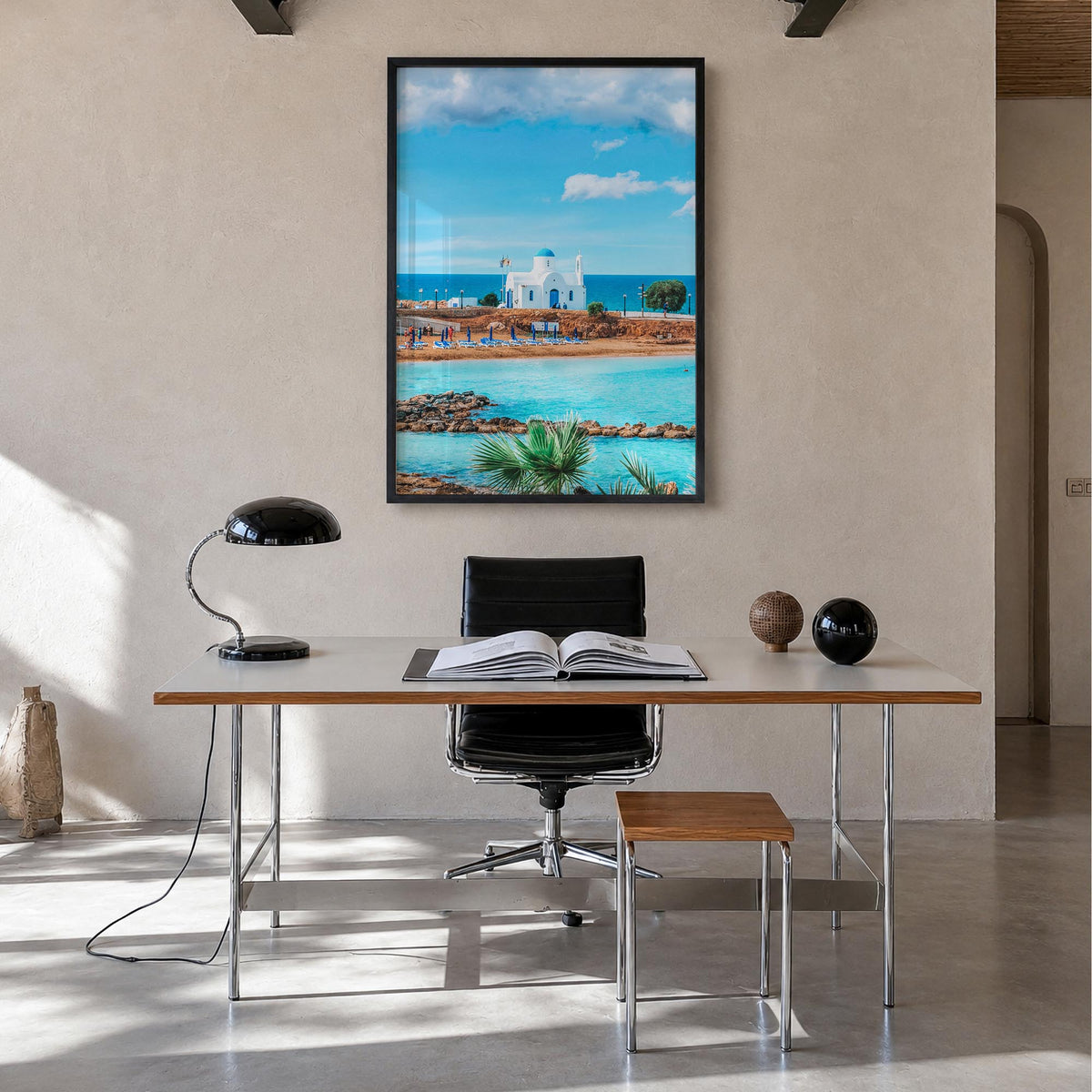 Cyprus colorful photo poster of Europe – vertical wall art in black wood frame, hanging on wall