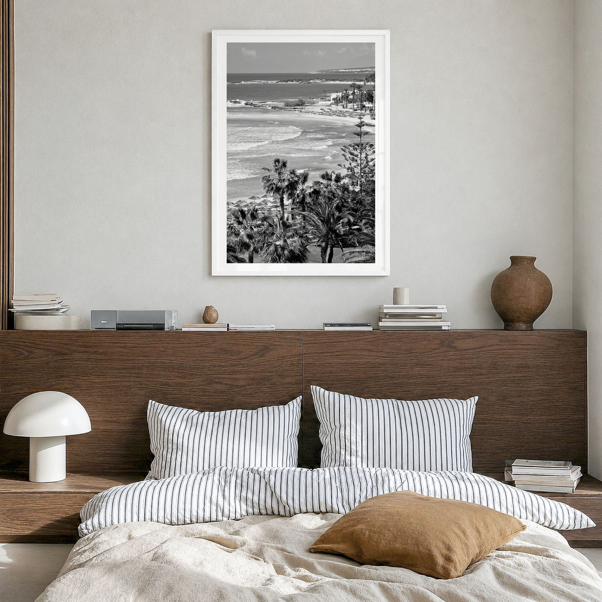 Cyprus Photo Poster in a white wood frame, hanging in a bedroom, white border
