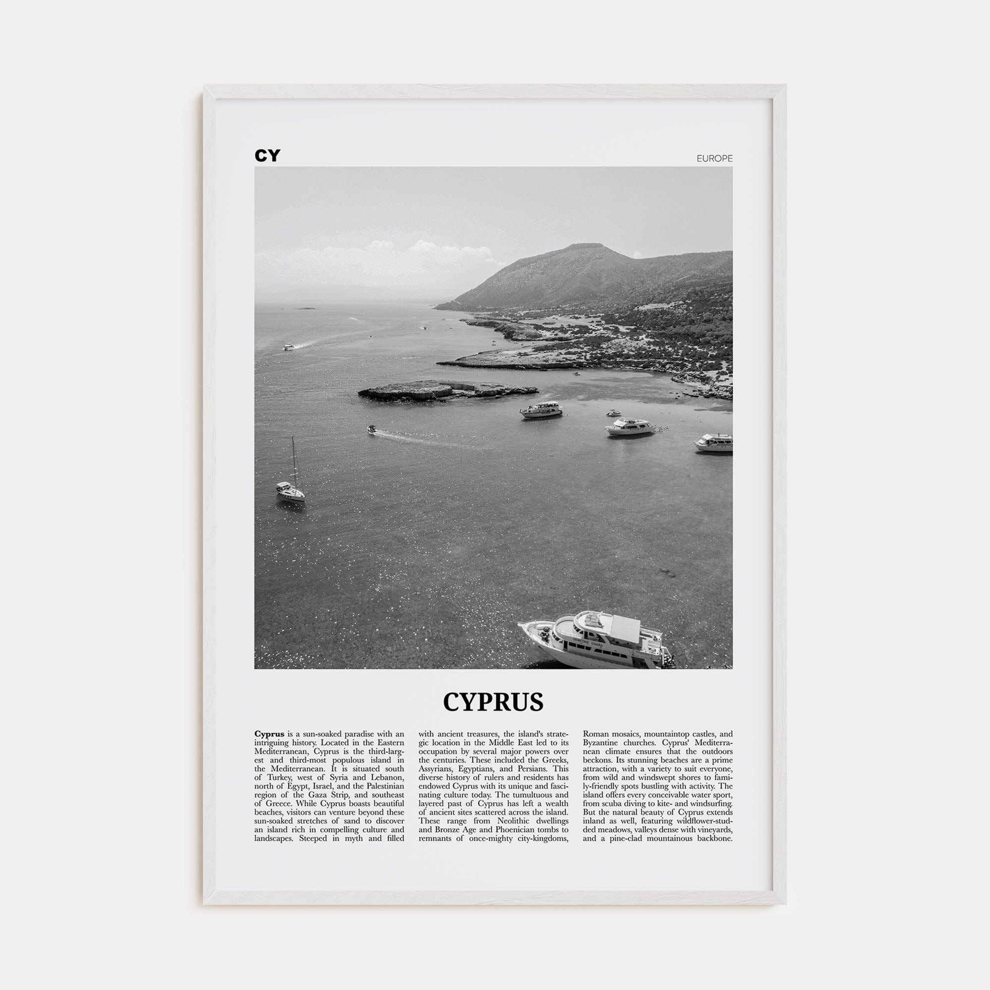 Cyprus Poster White Wood / 8x12 in Nbourhood Travel B&W Poster