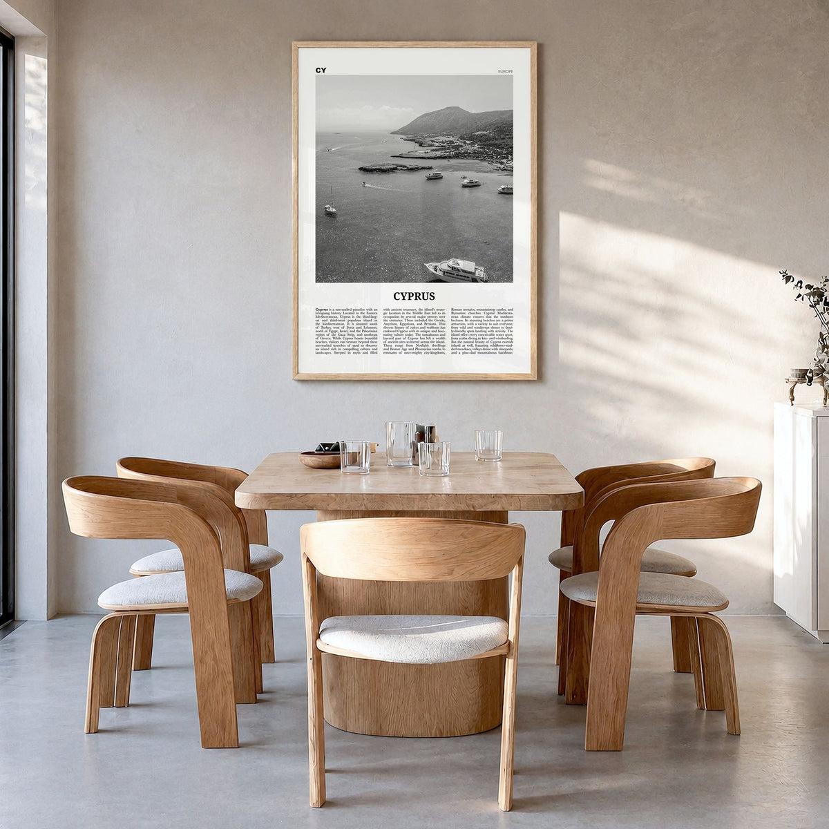 Cyprus Newspaper Poster in a natural wood frame, hanging in a dining room