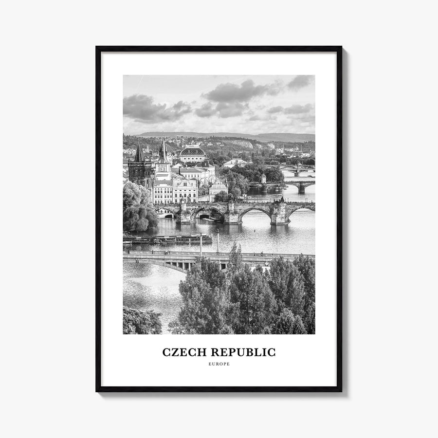 Czech Republic black & white classic poster of Czechia – vertical wall art, unframed print shown in interior mockup