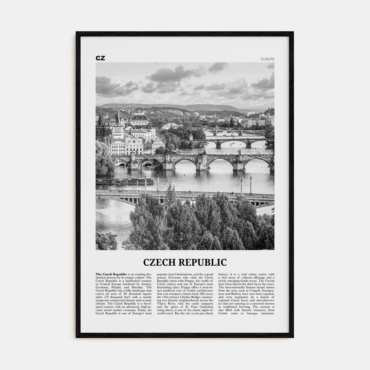 Czech Republic Poster Black Wood / 8x12 in Nbourhood Travel B&W Poster