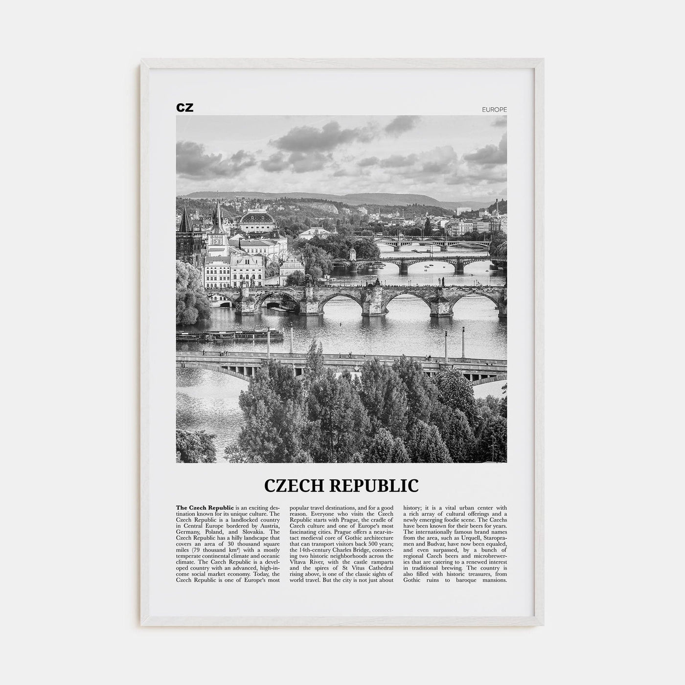 Czech Republic Poster White Wood / 8x12 in Nbourhood Travel B&W Poster