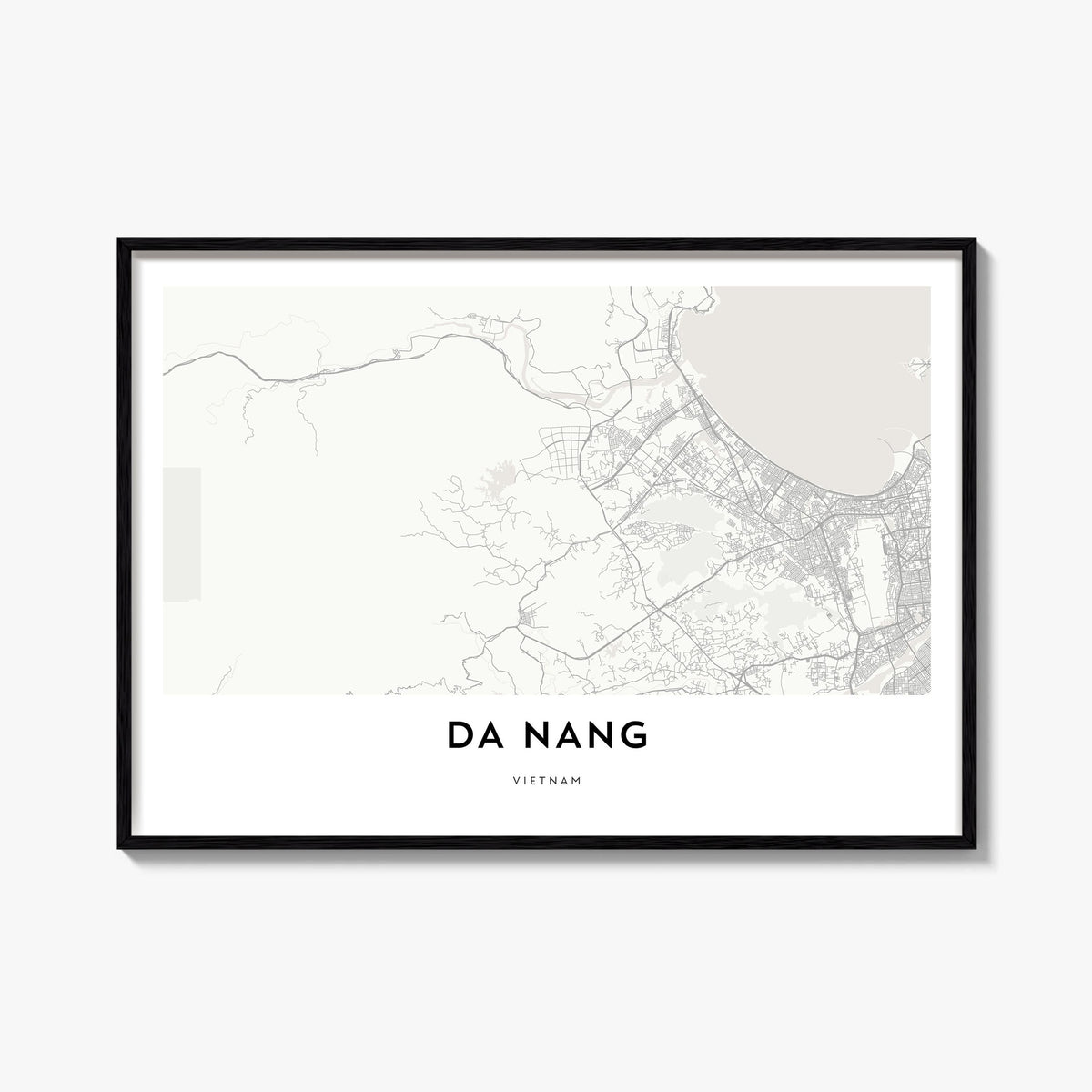Da Nang black & white map poster of Vietnam – horizontal wall art, unframed print shown in interior mockup
