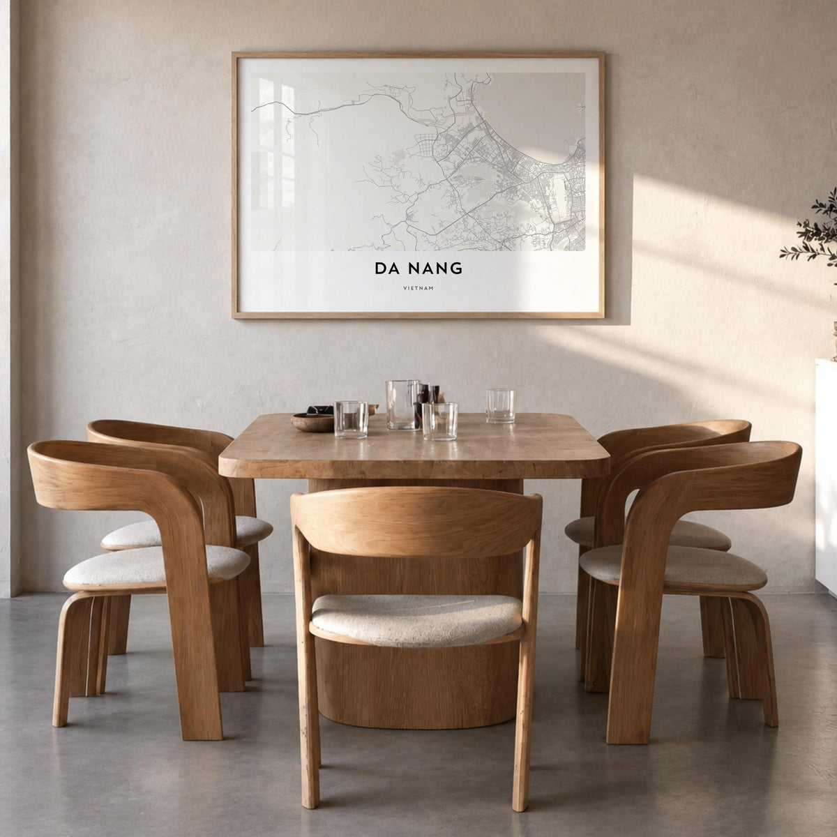 Da Nang black & white map poster of Vietnam – horizontal wall art in natural wood frame, hanging on wall