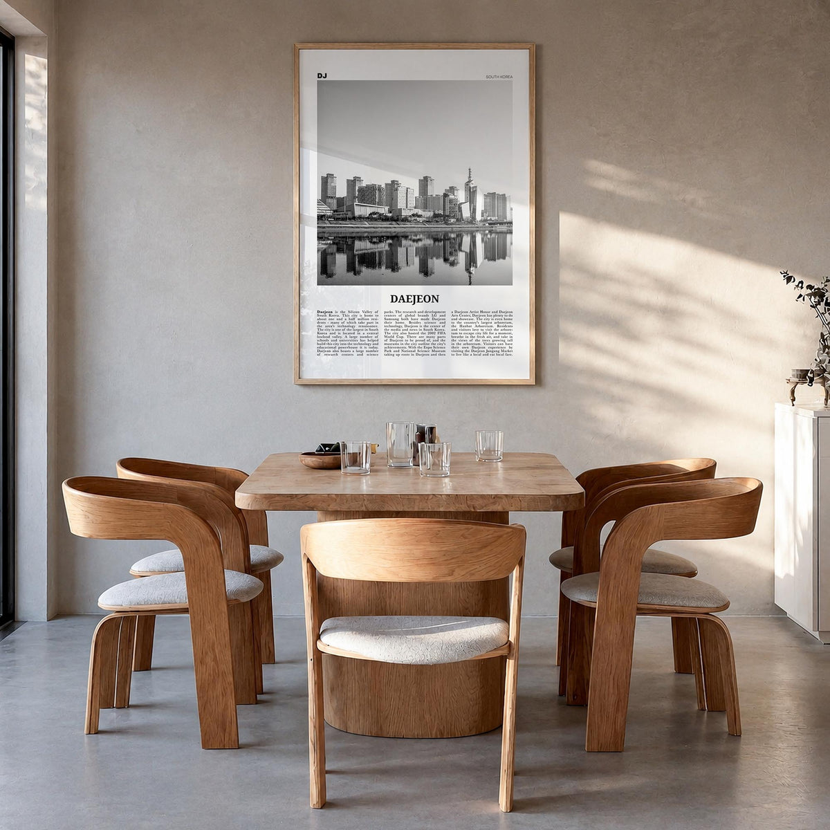 Daejeon black & white newspaper poster of South Korea – vertical wall art in natural wood frame, hanging on wall