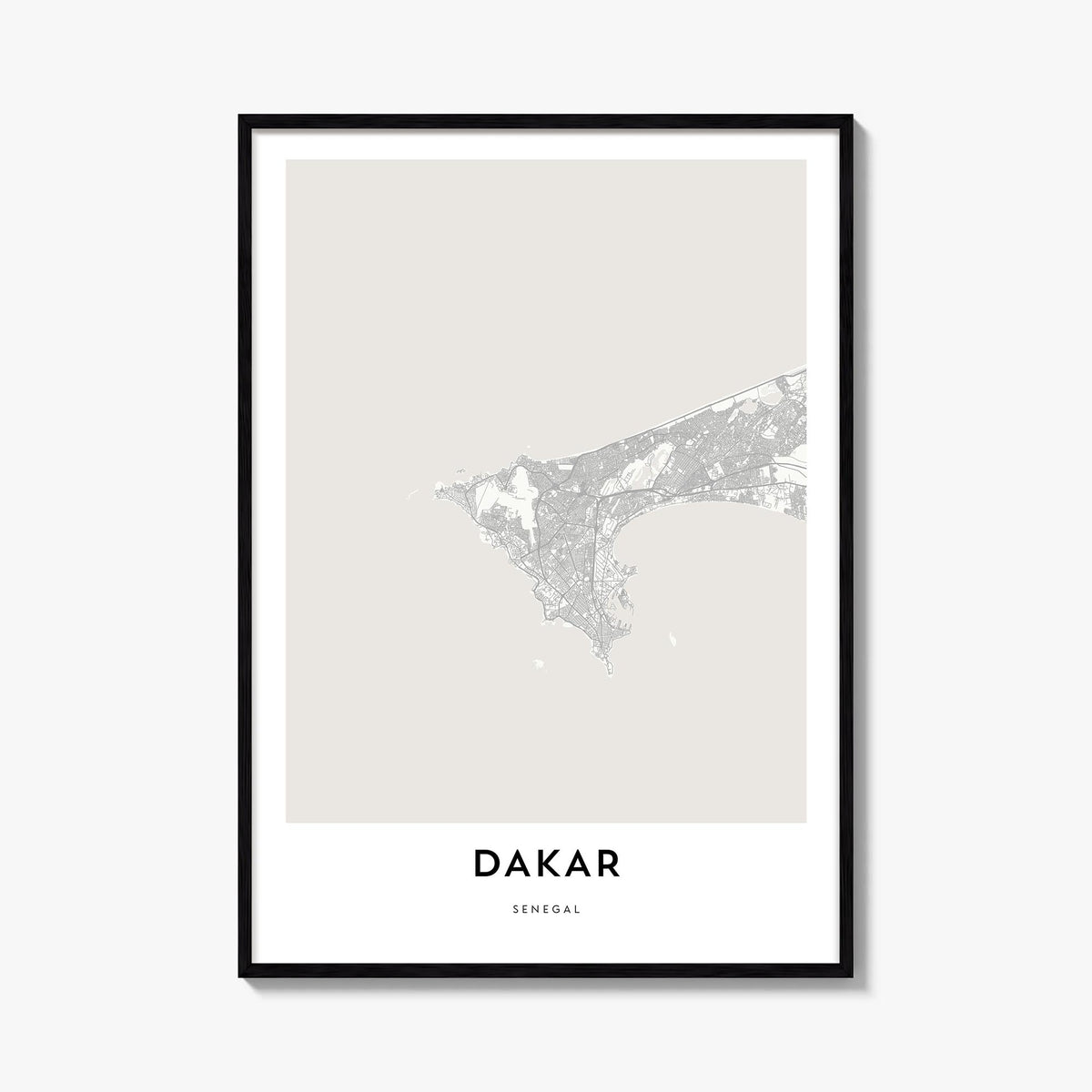Dakar black & white map poster of Senegal – vertical wall art, unframed print shown in interior mockup